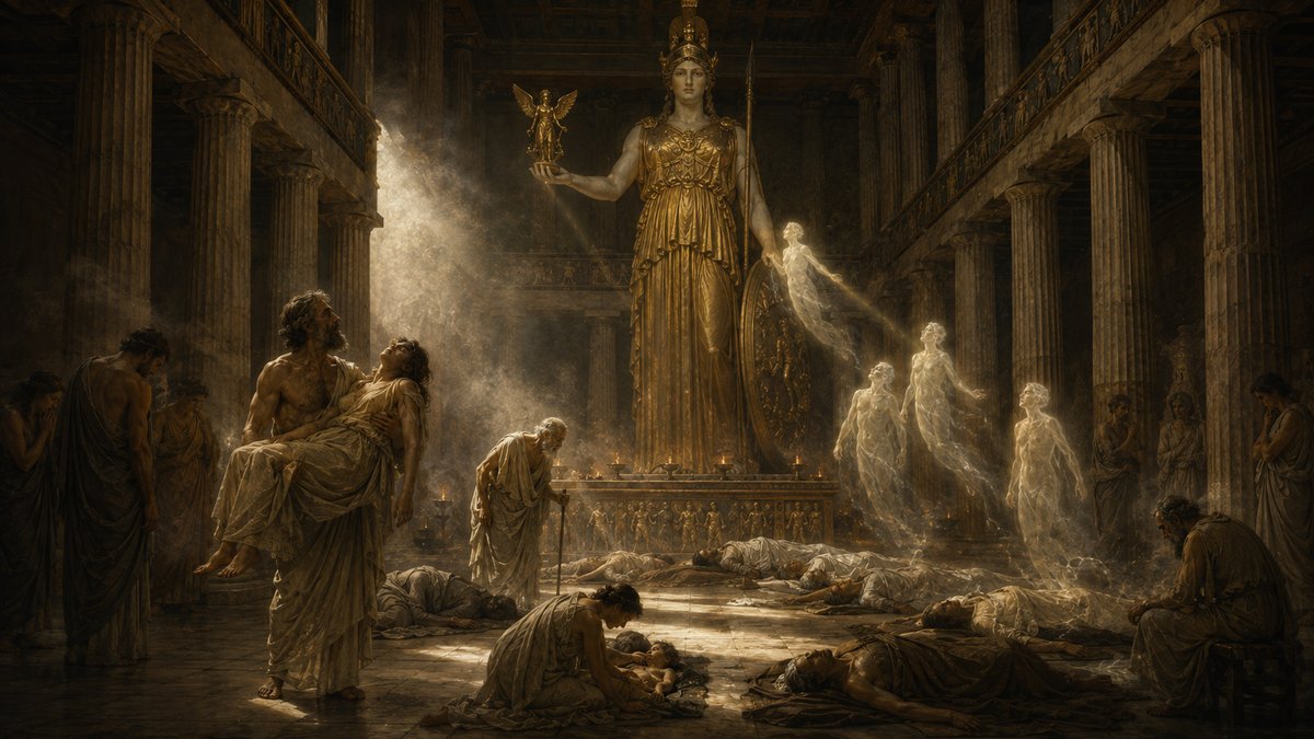 Interior do Parthenon com moribundos deitados aos pés da estátua da deusa e almas translúcidas subindo